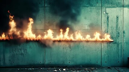 Poster - Espionage concept with flames burning along a textured concrete wall in an industrial setting, Espionage Concept Fuse Burns Along Wall