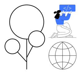 Person holding a coding screen, abstract tree in outline, and globe symbol. Ideal for coding, technology, environment, global connection, minimalism, creativity simple landing page