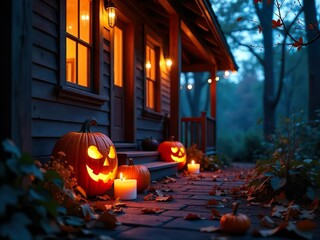 Wall Mural - Three carved pumpkins with lit candles on a wooden deck, bathed in warm light,with three carved pumpkins arranged in a horizontal row.  Background with halloween pumpkins, candles and autumn leaves