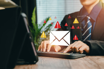 Poster - Email Alerts. Business Professional Managing Email Alerts and Notifications with Digital Interface on Wooden Desk in Modern Office Setting