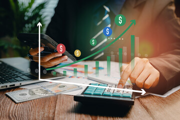 Poster - Growth concept. Businessman Analyzing Growth Results with Graphs and Calculator in Modern Office Setting