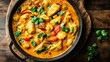 © ShutterMe - Tasty chicken curry in pan on wooden background