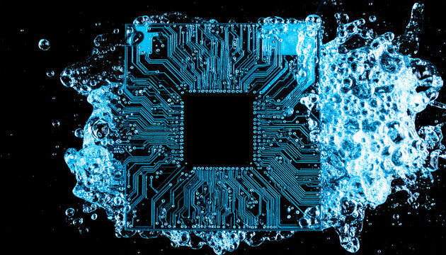 Abstract Digital Chip Submerged in Water Technology Concept