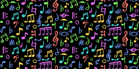Poster - Handwritten pop music elements. Charcoal style seamless pattern. Scribble colorful notes for kindergarten kids. Vector illustration of a cute childish music school pastel or wax pencil signs.