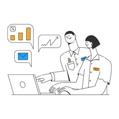 Poster - Business team collaboration teamwork office laptop analysis data chart graph email communication meeting discussion vector art illustration