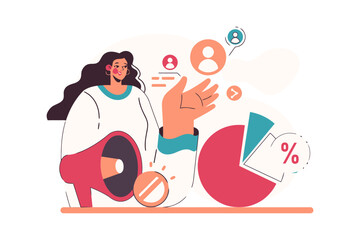 Poster - Woman marketing strategy megaphone analysis business chart data analytics communication promotion success growth vector art illustration
