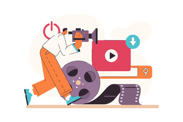 Poster - Video production film making content creator camera movie reel download streaming online media search vector art illustration