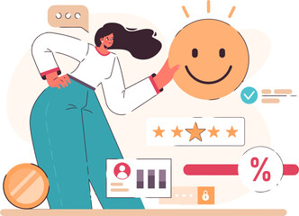 Poster - Customer feedback satisfaction rating review survey experience happy service quality online business woman vector art illustration