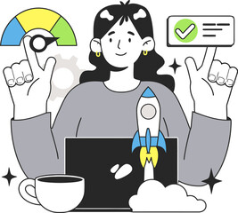 Poster - Woman rocket laptop success checklist performance productivity launch startup business growth progress 100 vector art illustration