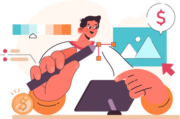 Fototapete - Graphic design designer working illustration digital art tablet pen artist creative income money dollar making vector art illustration