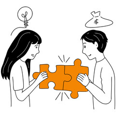 Poster - Puzzle pieces jigsaw teamwork collaboration connection solution strategy success orange black background concept vector art illustration