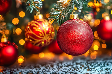 Wall Mural - red and gold ornament hangs from a tree. the tree is decorated with many other ornaments