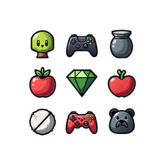 Poster - Collection of colorful cartoon stickers featuring a tree, game controllers, pot, apples, diamond, and bear in vector style