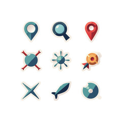 Poster - Collection of whimsical vector icons featuring location pins, magnifying glass, virus and compass in vibrant colors