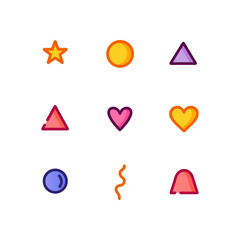 Poster - Colorful shape configurations featuring star, circle, triangle, heart, squiggle, and rounded rectangle arranged in horizontal alignment on a black background, creating a playful aesthetic