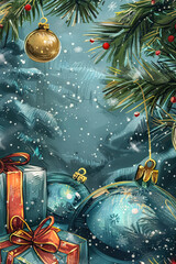 Wall Mural - Blue and white Christmas scene with a tree and a bunch of ornaments. The tree is decorated with a bunch of ornaments, including a gold ball and a red ball
