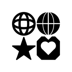 Poster - Set of four distinct vector icons featuring globes, a star, and heart within a geometric shape, all in solid black and white, perfect for diverse design applications