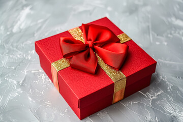 Wall Mural - red box with a gold ribbon on top. the box is decorated with a red bow. the box is sitting on a grey
