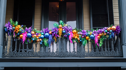 Wall Mural - railing is decorated with colorful ornaments and a large purple ornament. the railing is on a buildi