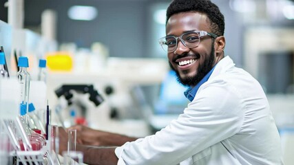 Poster - Smiling research scientist in lab coat working in modern laboratory environment, Portrait smiling research scientist working in laboratory