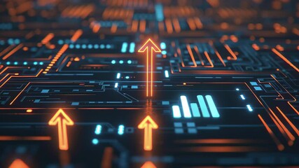 Poster - Vertical view of a circuit board highlighting directional arrows indicating flow and connectivity, Vertical shot of a circuit board, with arrows pointing upwards, symbolizing growth and advancement