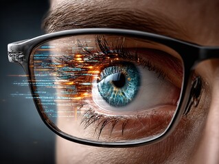 reflection of digital code in a human eye with glasses
