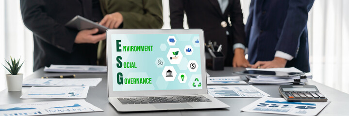 Poster - panorama shot analyst team utilizing bi fintech to analyze financial report with laptop. businesspeo