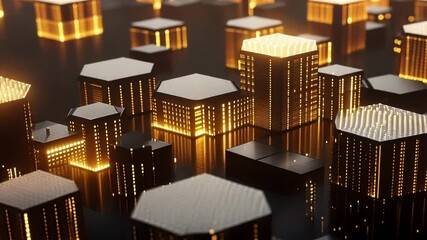 Aufkleber - Glowing hexagonal structures form a futuristic cityscape, illuminated by warm orange lights, creating a mesmerizing and technologically advanced urban landscape