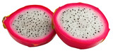 Two halves of a vibrant pink dragon fruit showing white flesh speckled with small black seeds.