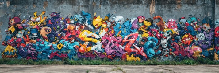 Poster - Vibrant Street Art Mural Depicting a Collection of Playful and Energetic Cartoon Characters on a