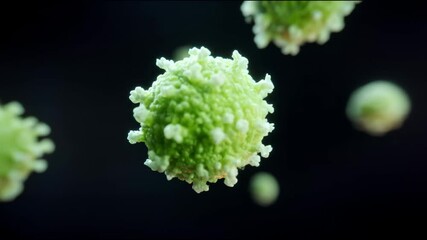 Poster - Microscopic view of green spiked sphere floating with blurred background. Medical, scientific abstract. Textured 3D render for biology, research. 
