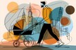 © Tanya - Man pushing a stroller through an abstract cityscape, featuring colorful geometric shapes and outlines of buildings, illustrating urban life and modern parenting in a vibrant environment
