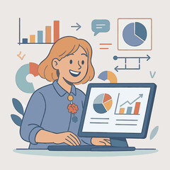 Poster - Happy Woman Analyzing Data on Computer Screen