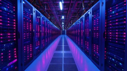 Poster - High-tech server room with illuminated racks and intricate wiring at a data center during nighttime operations