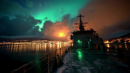 Wall Mural - modern warship sailing near illuminated coastline city under spectacular aurora borealis illuminatin