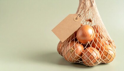 Shallots In Mesh Net With Kraft Tag On Green Background Close Up Shot