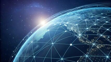 Wall Mural - A digital representation of Earth with a network of glowing connections. The scene features a starry background and a bright sun rising over the horizon.
