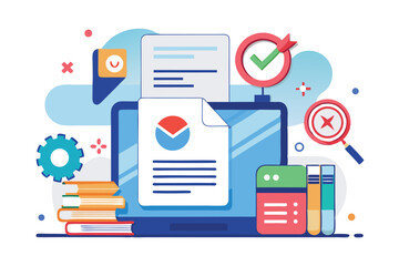 Poster - Document not found concept with laptop, check marks, and books illustrating challenge in accessing necessary files in a digital environment