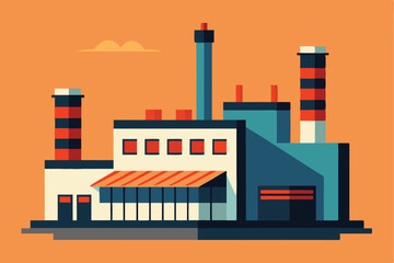 Poster - Clean geometric design of a minimalist factory building with smoke rising, located in an industrial area, showcasing a blend of colors and shapes during a clear day