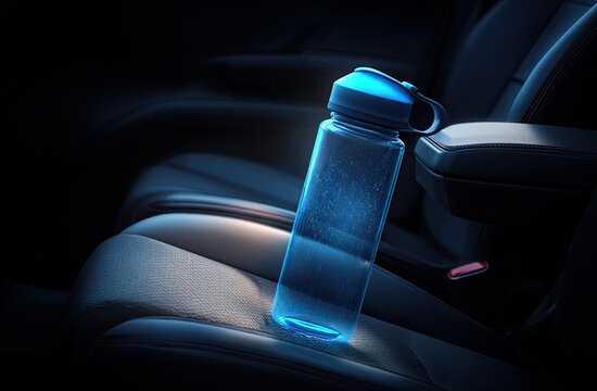 Blue water bottle in a car