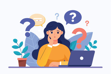 Poster - Female character contemplating frequently asked questions while working on a laptop among plants in a bright and inviting workspace