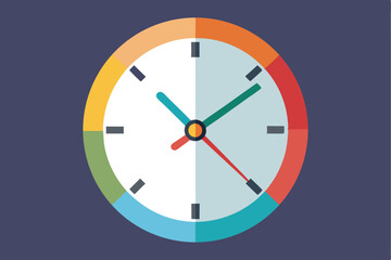 Poster - Colorful flat clock design with geometric hands showcasing time in vibrant hues against a deep blue background