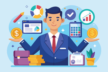 Poster - Business professional showcasing financial analysis and growth in a colorful environment with charts, money, and tools to track progress, signifying a prosperous investment strategy