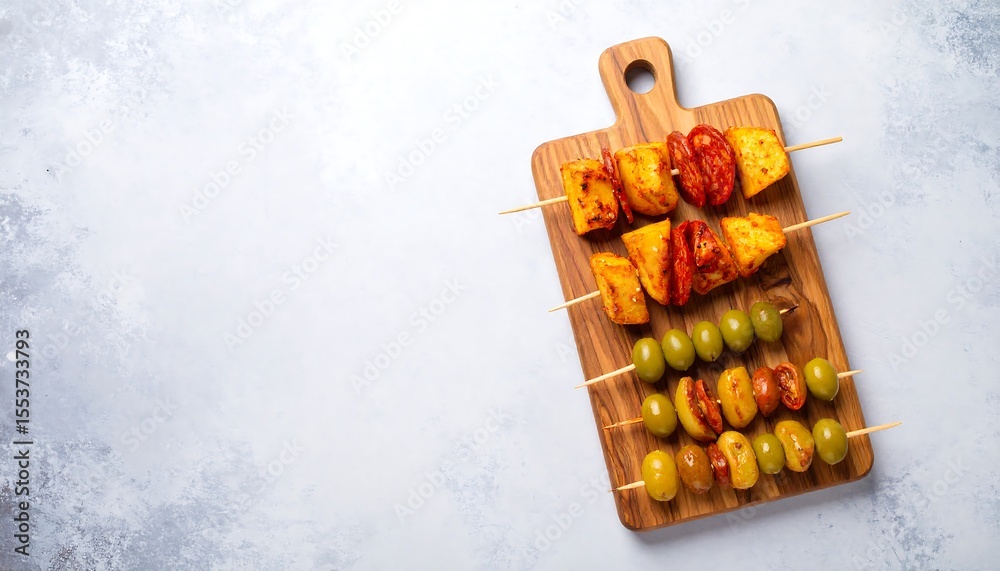 Spanish Tapas Board With Skewered Patatas Bravas Chorizo And Green ...
