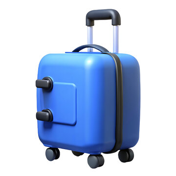 Bright blue modern suitcase with retractable handle and wheels, 3d rendering isolated on white background