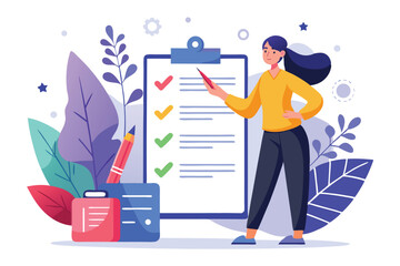 Poster - Woman organizing checklist for company rules and regulations while surrounded by colorful foliage and office supplies in a vibrant workspace