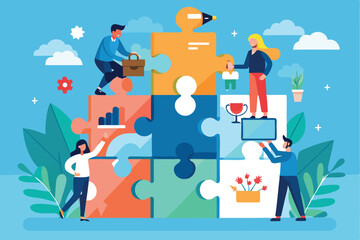 Poster - Build pathways to achievement by assembling a vibrant puzzle that represents various aspects of personal and professional growth in a dynamic workspace