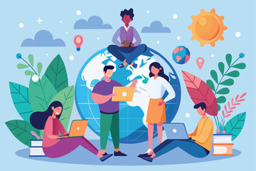Poster - Business professionals collaborating around a globe while discussing strategies for global impact in a vibrant, illustrated setting