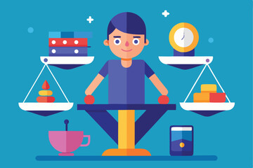 Poster - Vector illustration of a balanced workspace with a person managing various tasks alongside ensuring harmony in productivity and time management