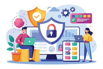 Aufkleber - Data breach security attack illustration showing professionals working on protection strategies and analyzing data to combat cyber threats in a digital workspace environment